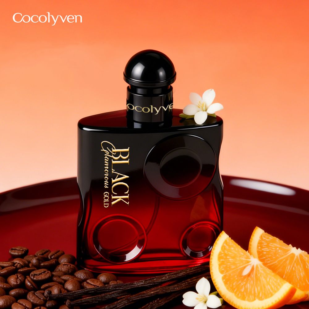 COCOLYVEN Black Gold Allure perfume bottle with coffee beans, vanilla pods and orange slices — ready stock wholesale from Guangzhou, China