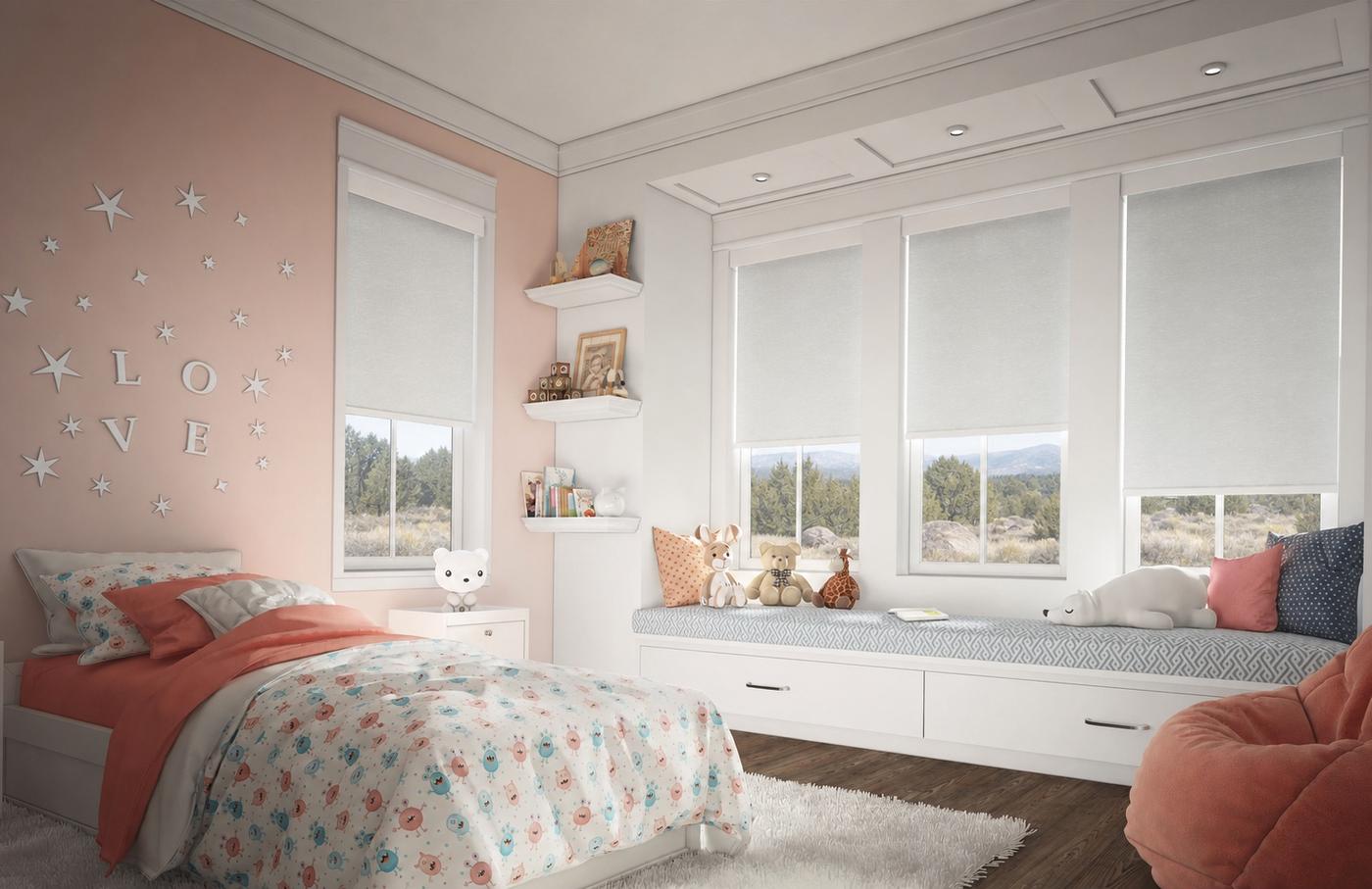 Roller shades with cordless lift in child's bedroom