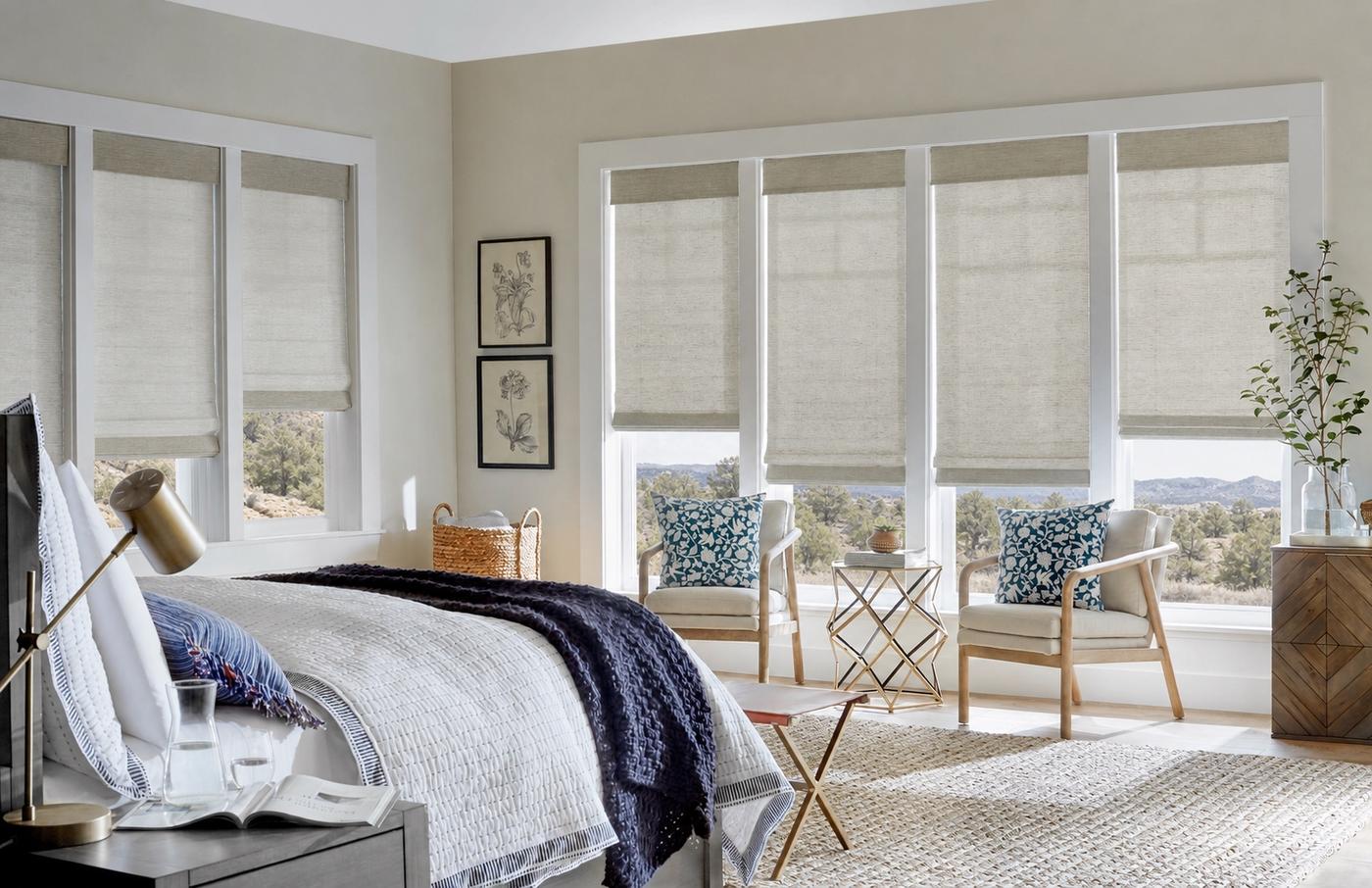 Natural woven shades with valances in bedroom