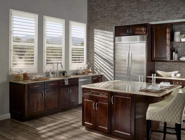 Eclipse Polyresin plantation shutters in kitchen over sink