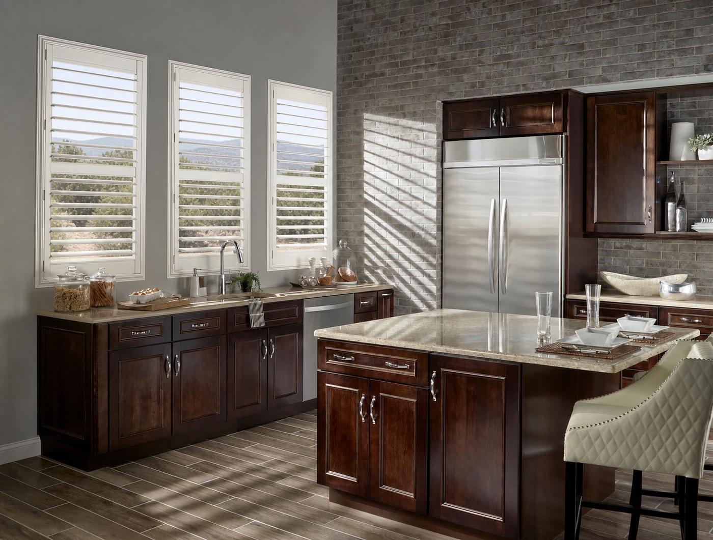 Eclipse Polyresin plantation shutters in kitchen over sink