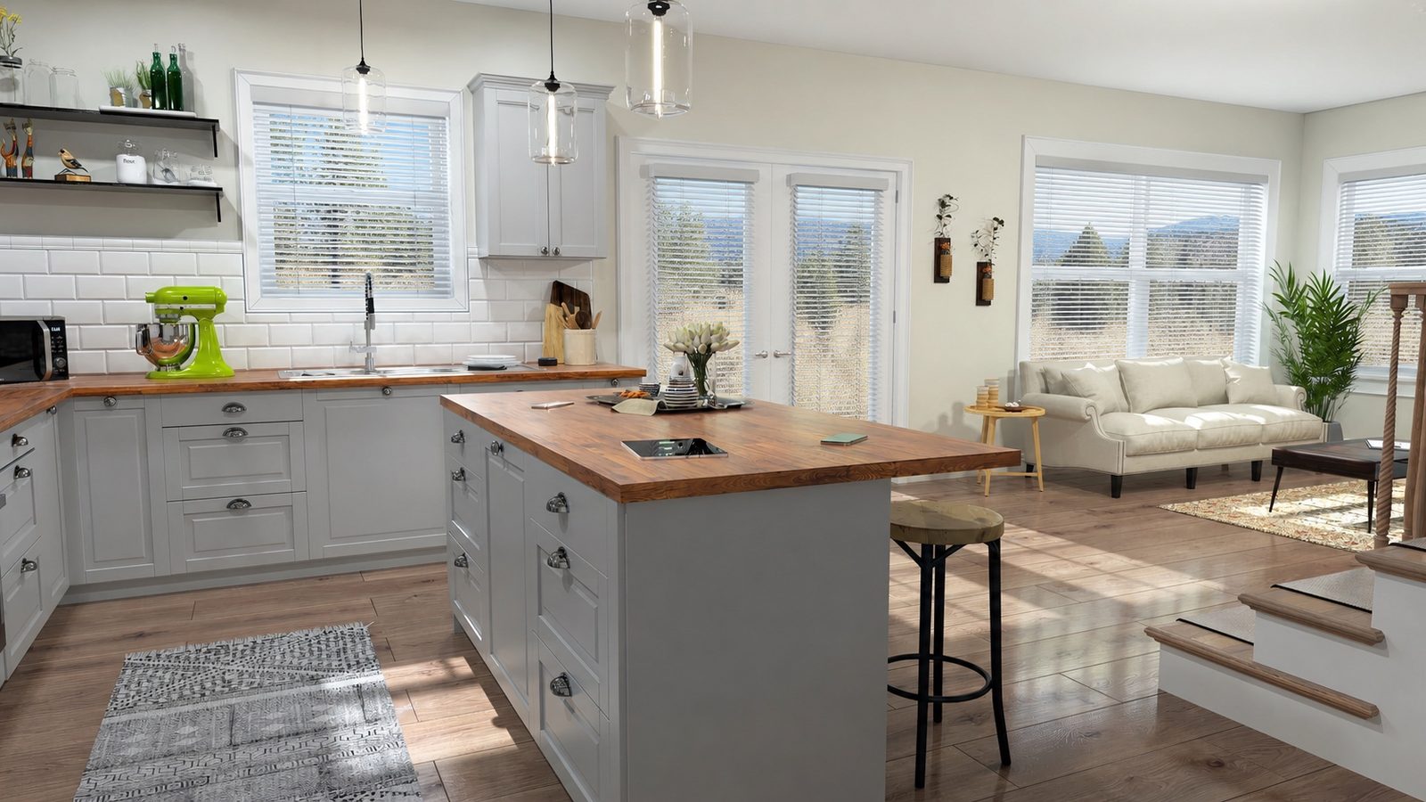 Wood Blinds in Kitchen and Living Room