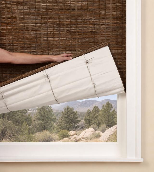 Natural woven shades with fabric backing layer