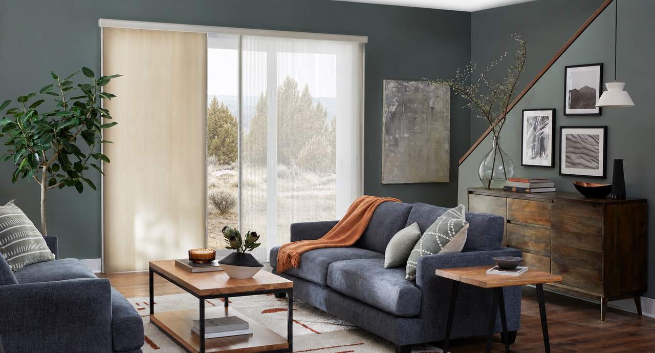 Vertical cellular shades in living room