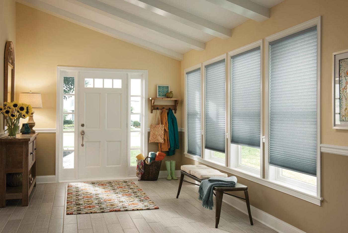 Colorful Blue Cellular Shades in Home Entry Way