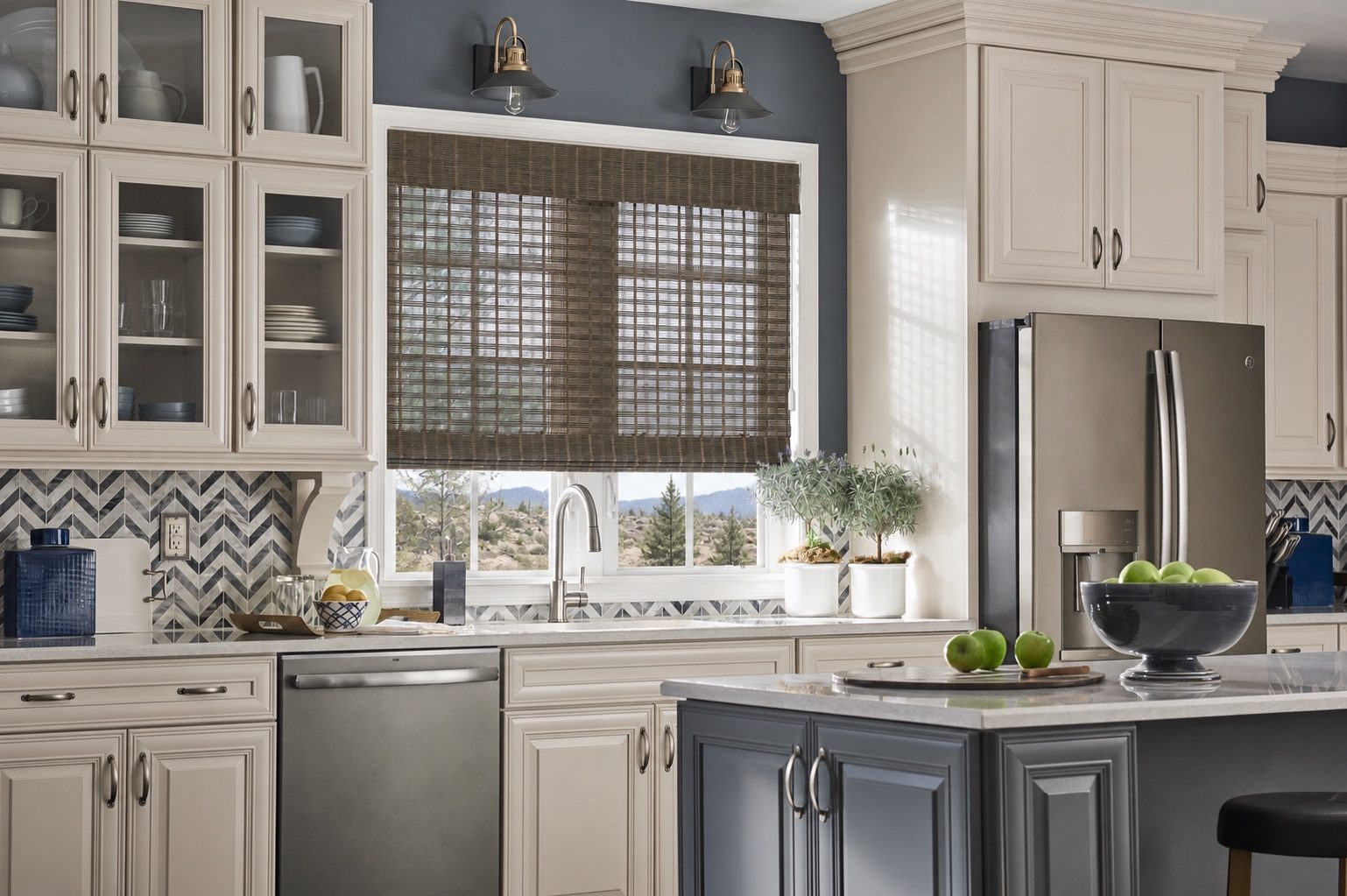Natural woven shades in kitchen over sink