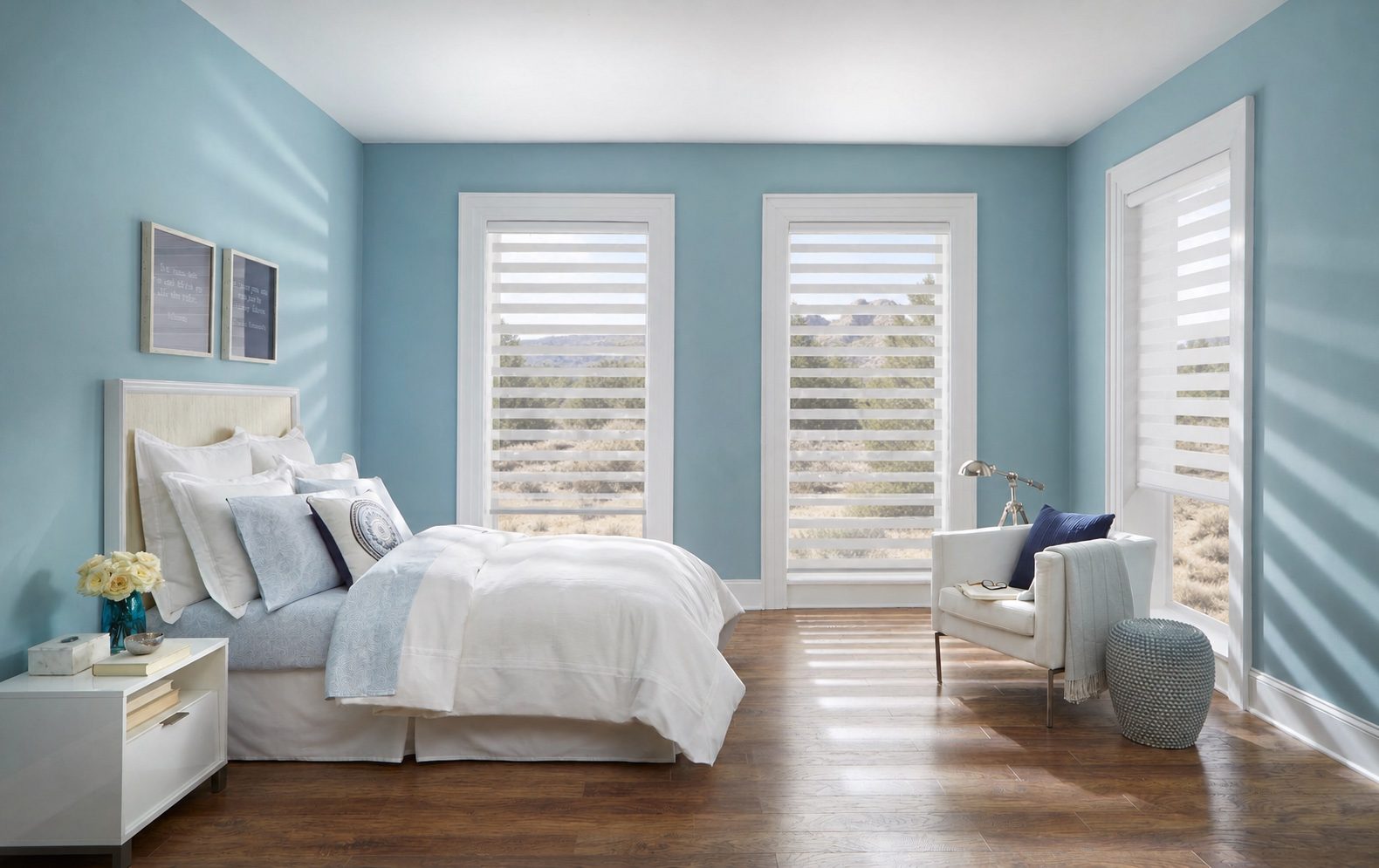 Colorful bedroom with automatic banded shades