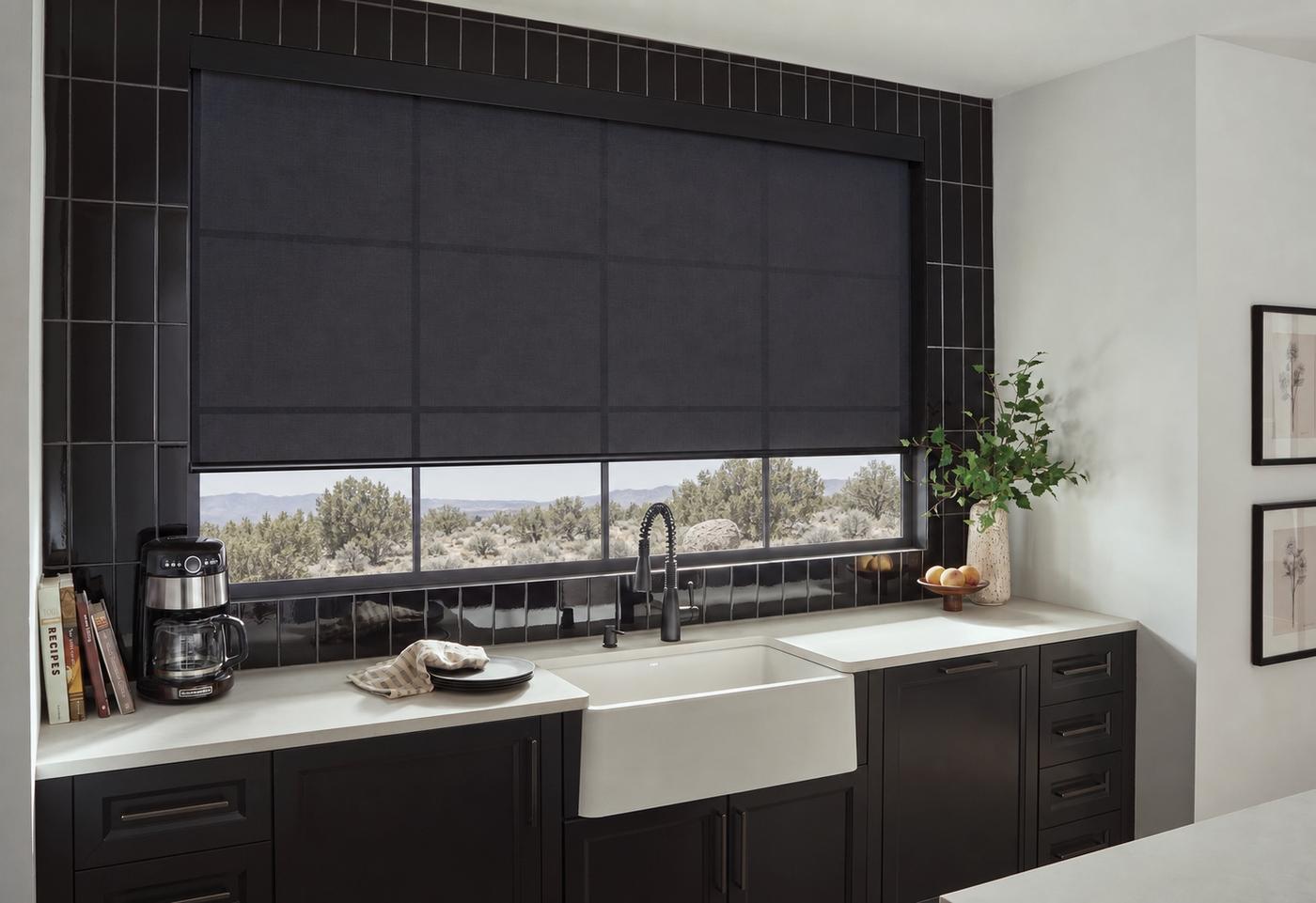 Black light filtering roller shade over kitchen sink and counter