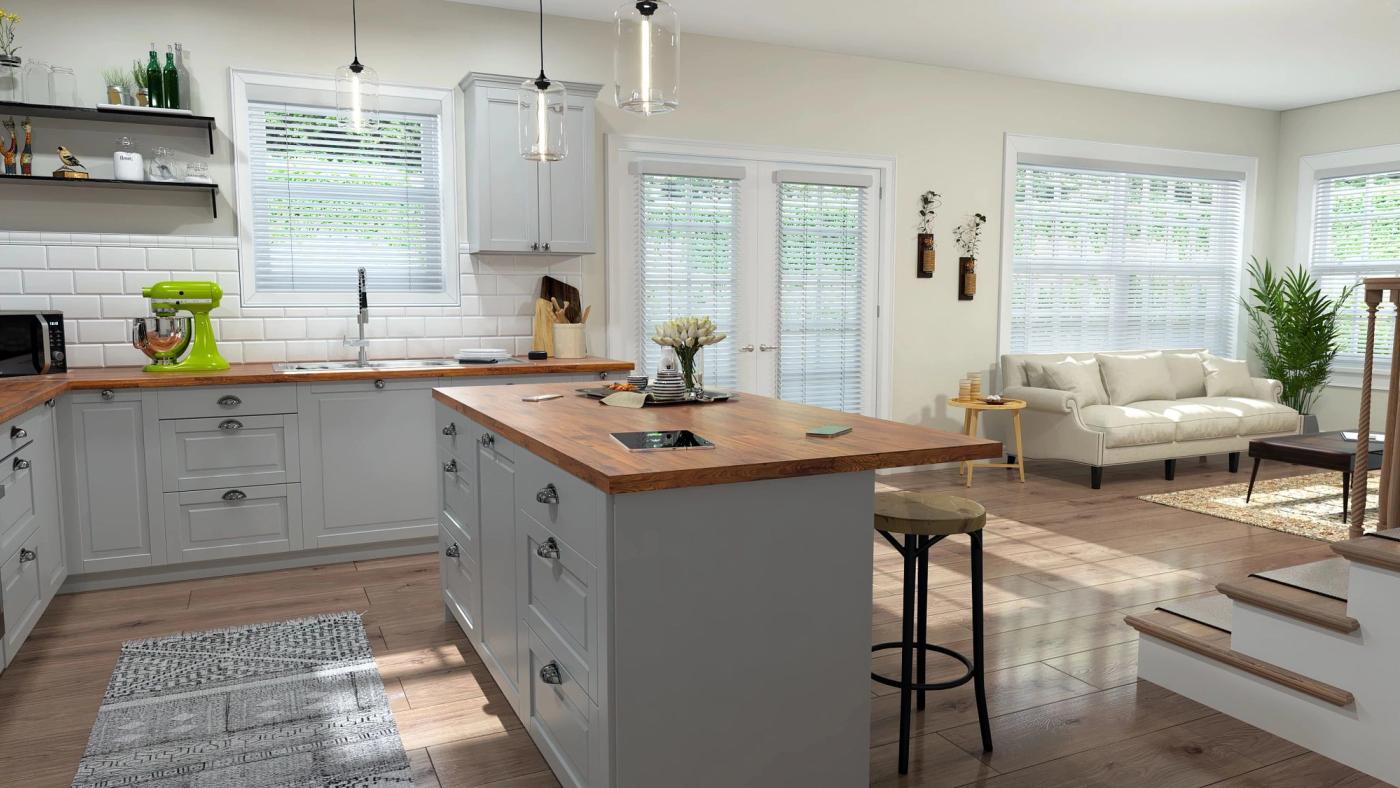 Wood Blinds in Kitchen and Living Room