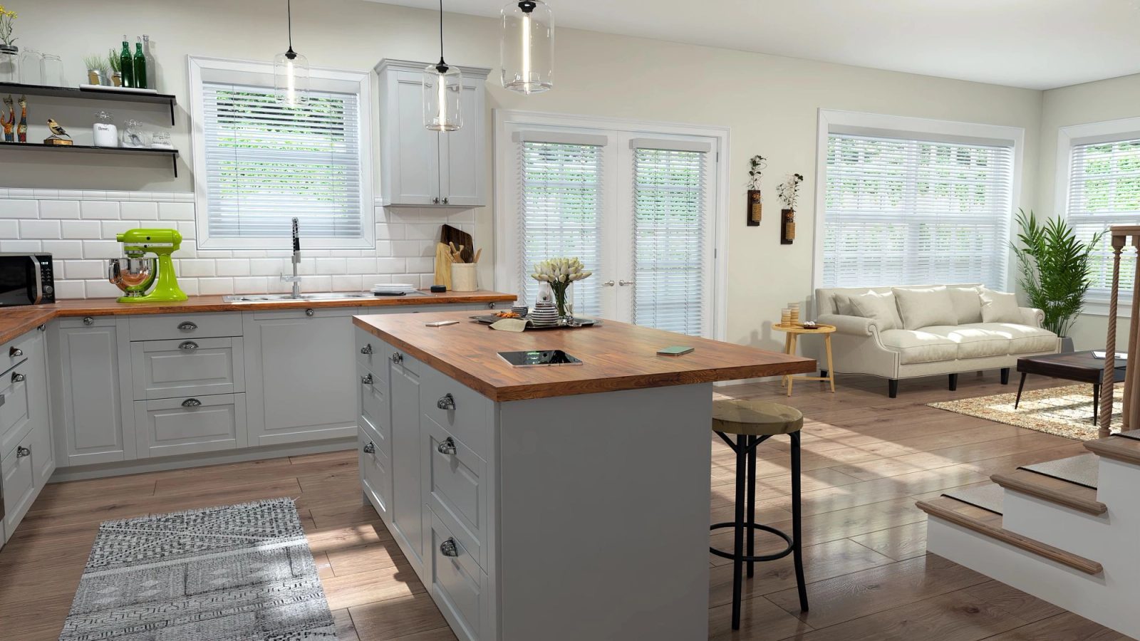 Wood Blinds in Kitchen and Living Room