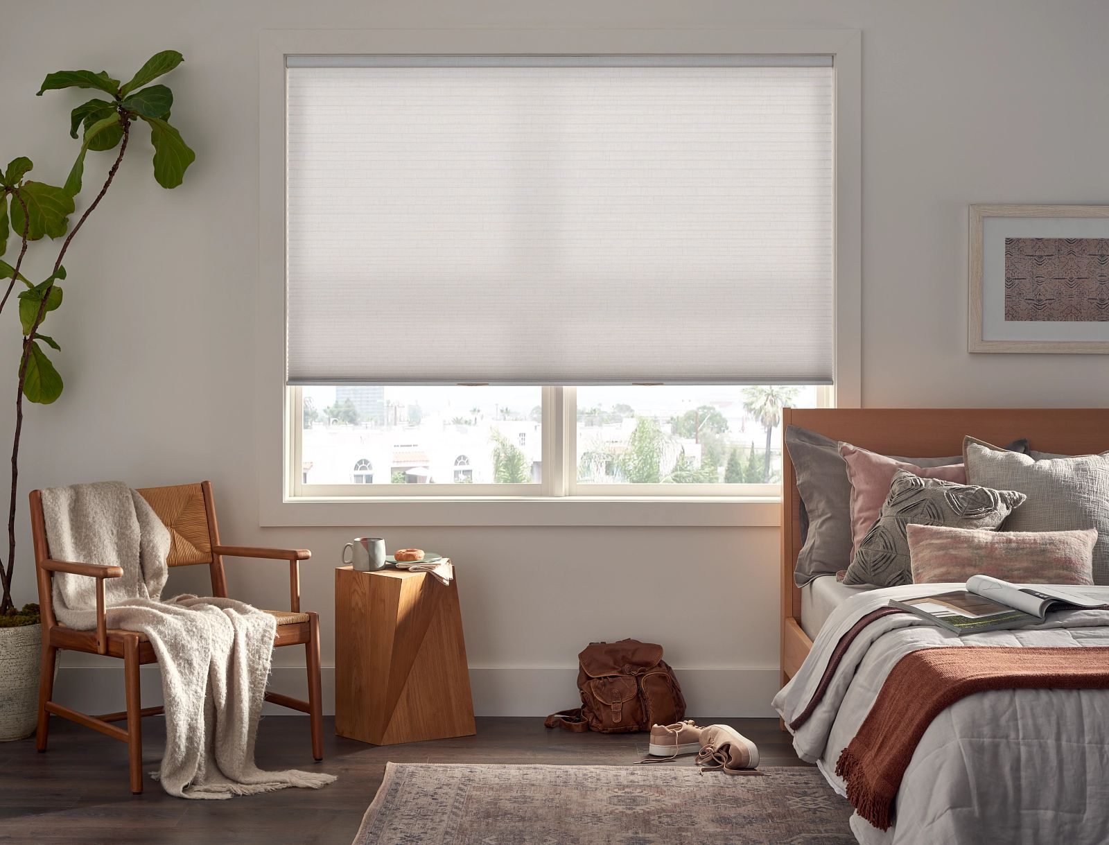 Cordless Lift Cellular Shades in Bedroom