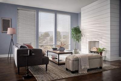 Faux wood blinds in living area