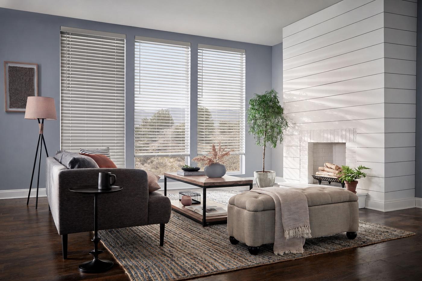 White faux wood blinds in living area