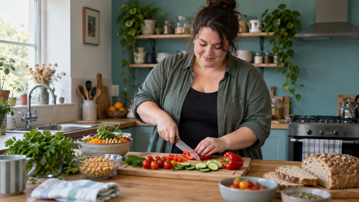 A woman prepares a colourful lunch in her kitchen.