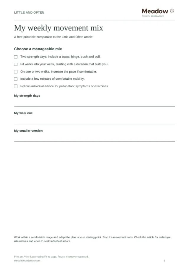 First page of Perimenopause movement planner