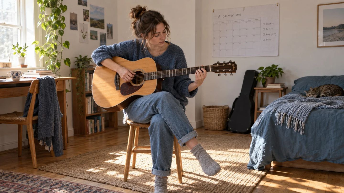 A woman practises a simple chord on an acoustic guitar at home.