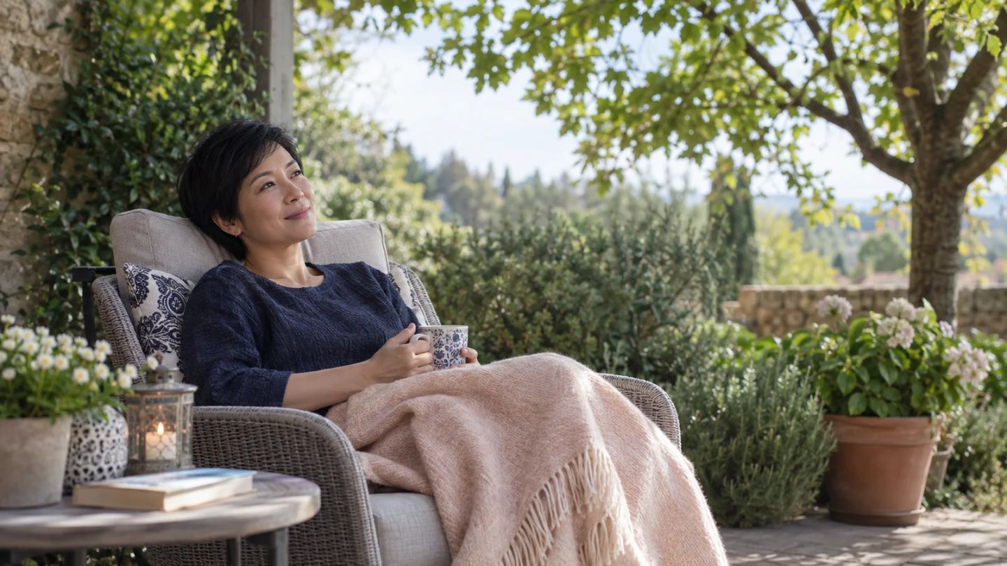 A woman rests under a light blanket in a garden chair.