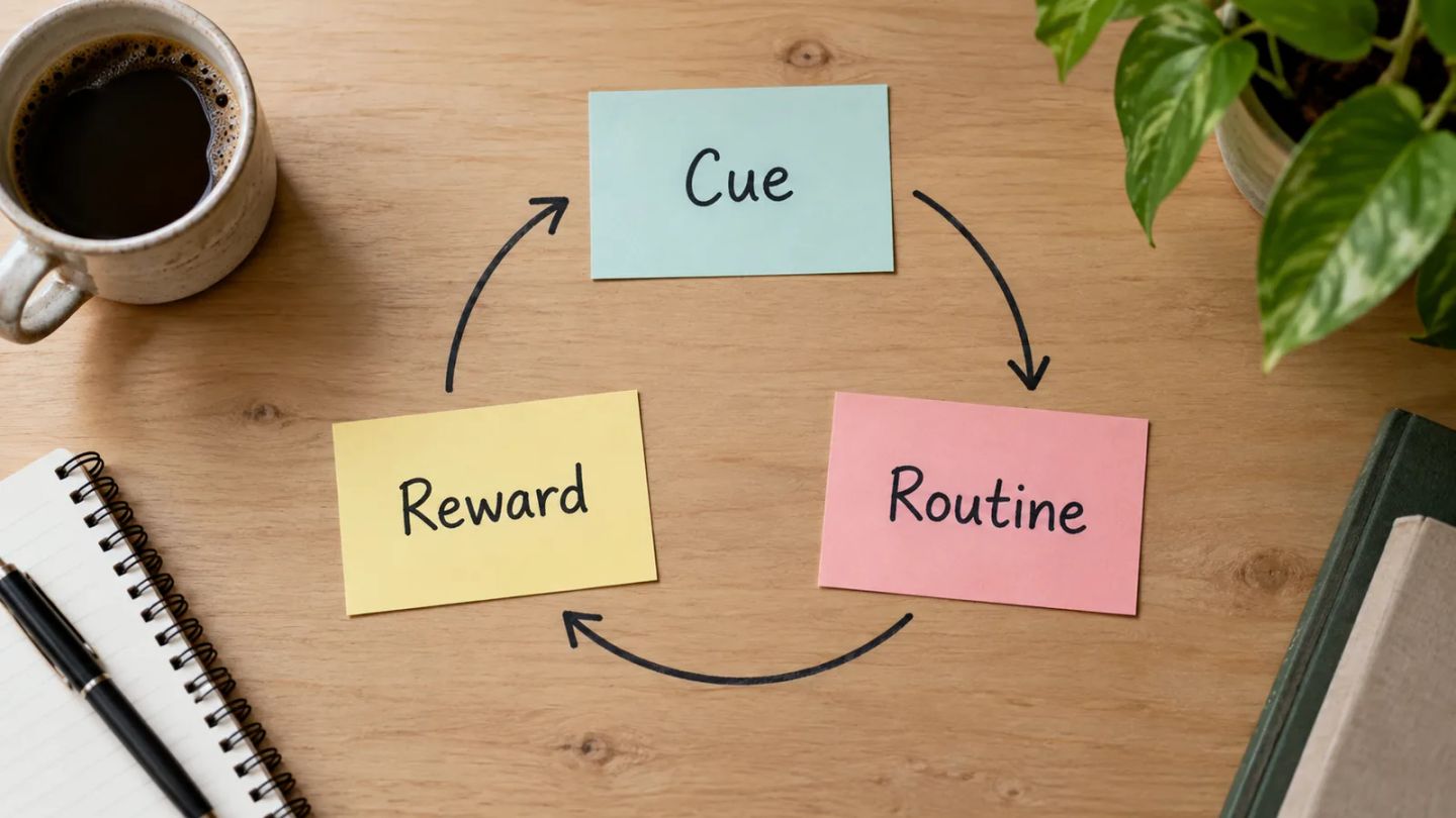 Cue, routine and reward connected in a repeating loop on three notes.
