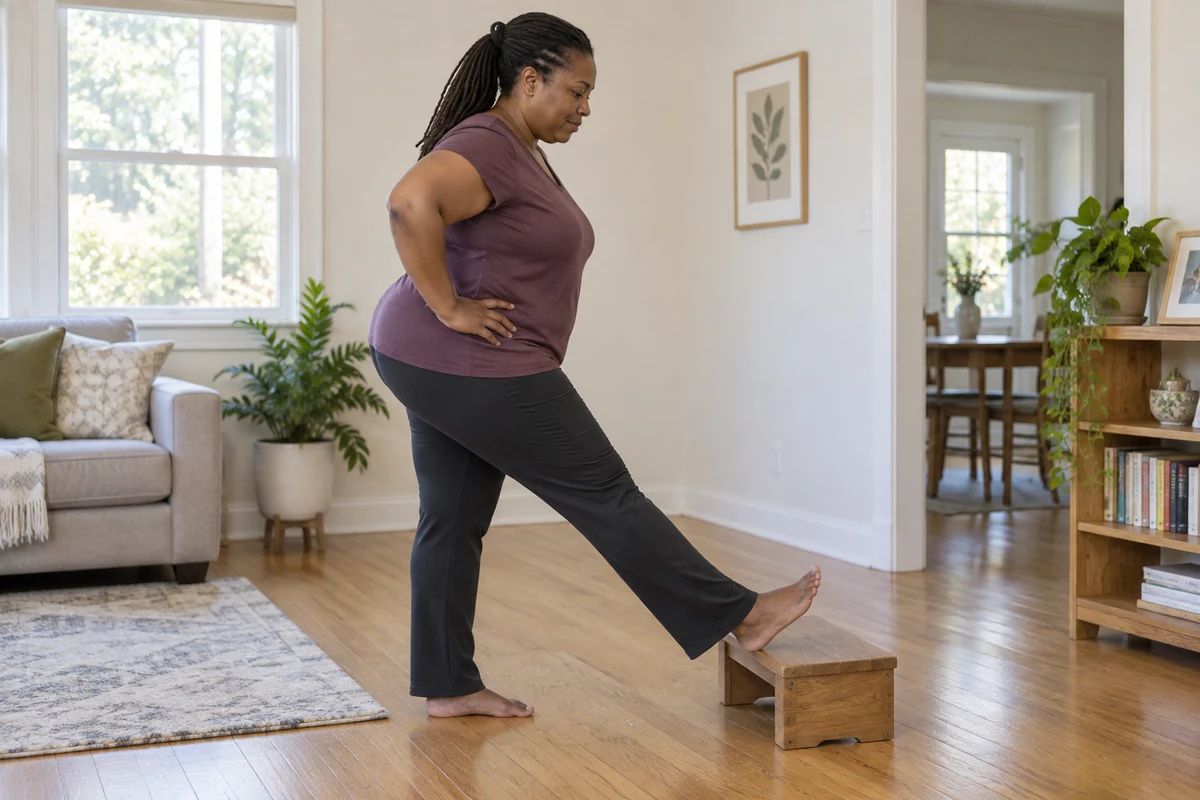A woman rests one heel on a low step and hinges gently from her hips for a hamstring stretch.