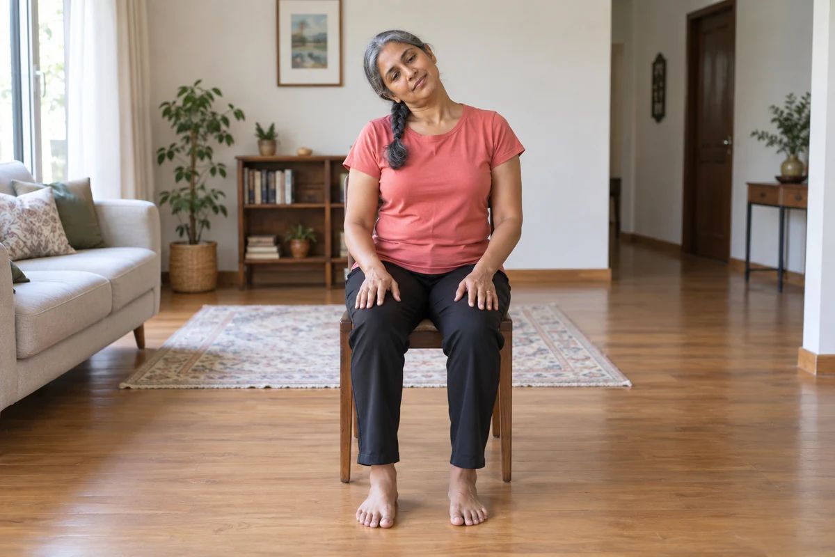 A seated woman gently tilts her head to one side, keeping her shoulders relaxed.