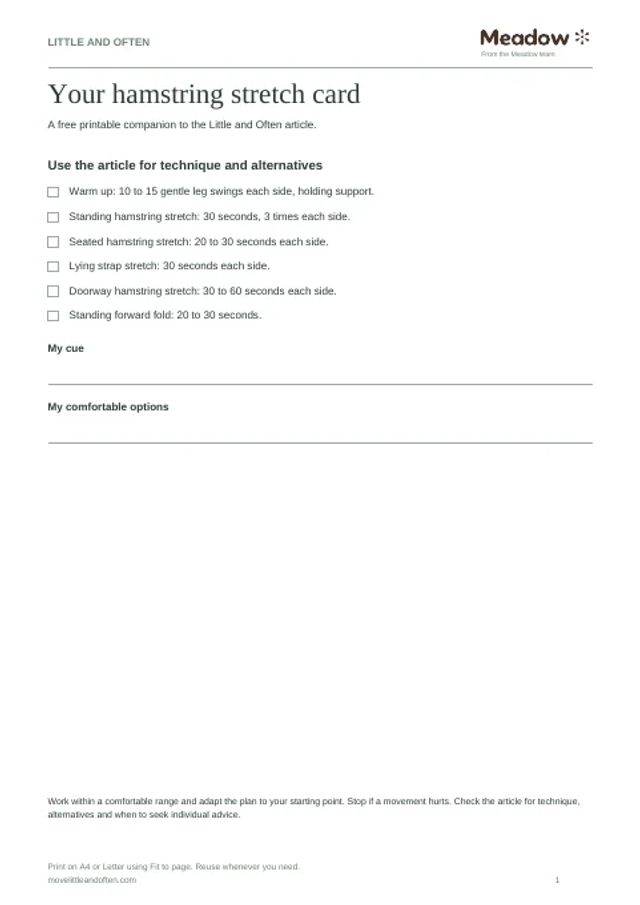 First page of Hamstring stretch card