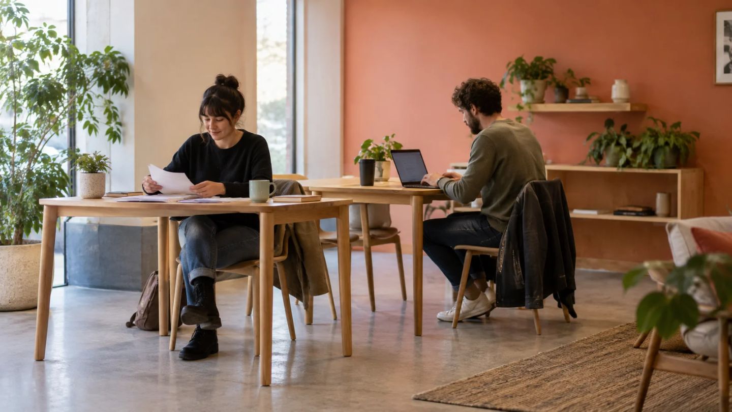 Two adults work on separate tasks alongside each other in a shared workspace.