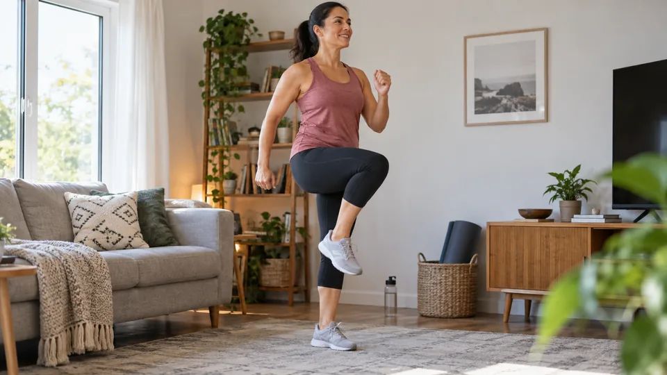 A woman lifting one knee towards waist height while the opposite arm swings forward.