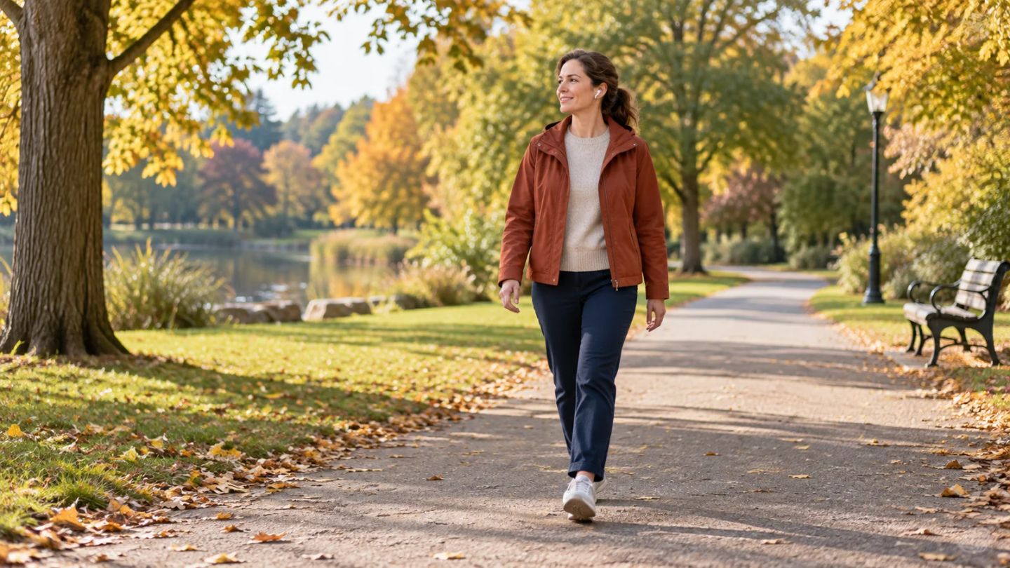 A woman listens through earbuds while walking along a park path.