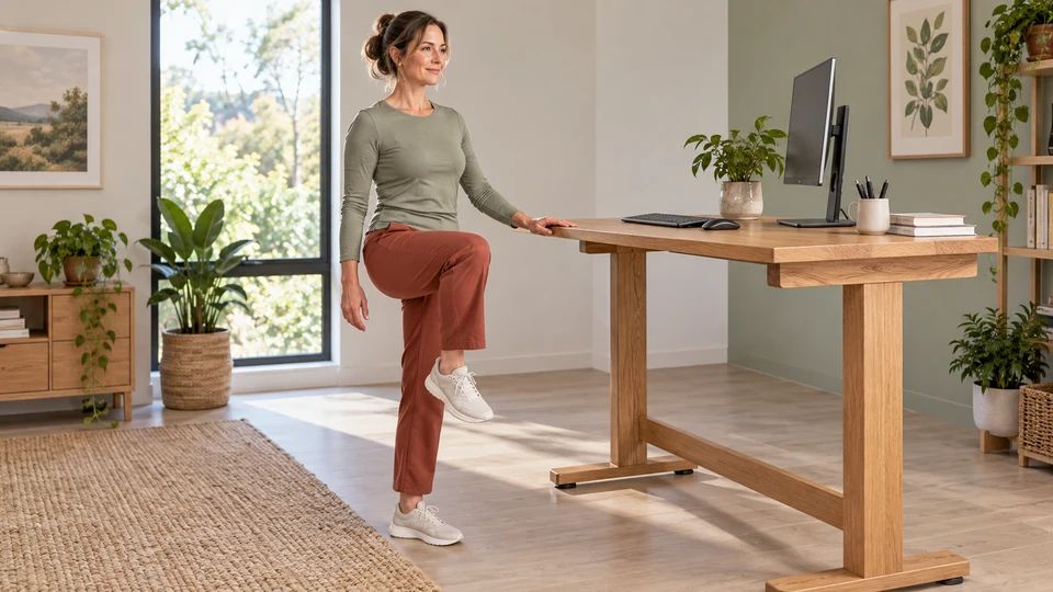 Lift one knee comfortably, lower it with control, then change sides.