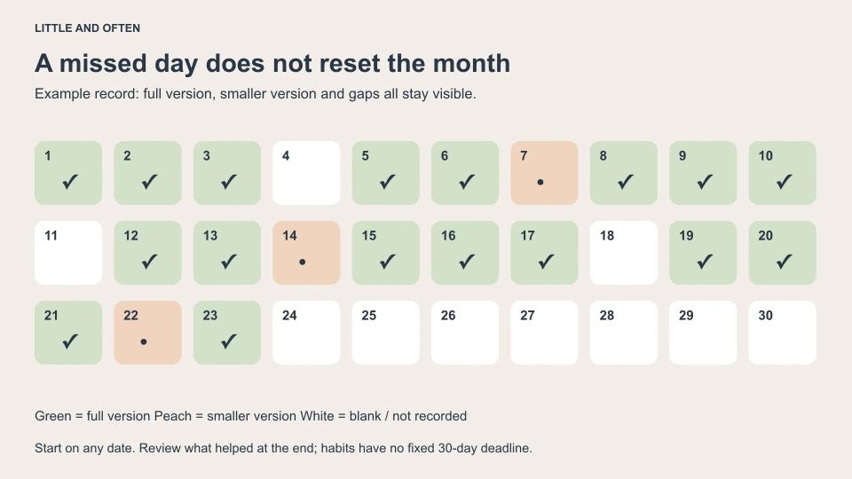 An example thirty-day tracker with completed days, smaller versions and blank days, showing that a missed day does not restart the count.
