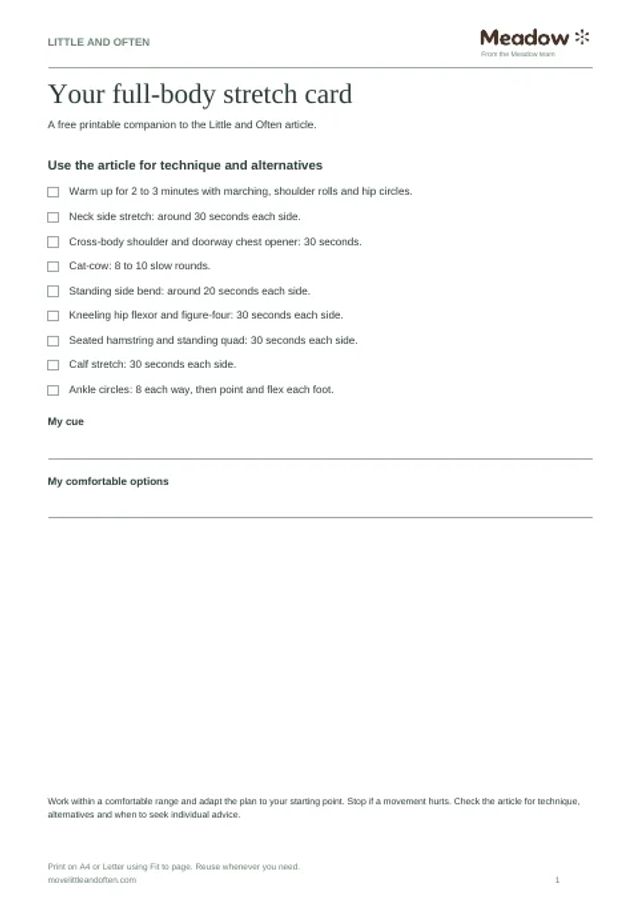 First page of Full-body stretching card