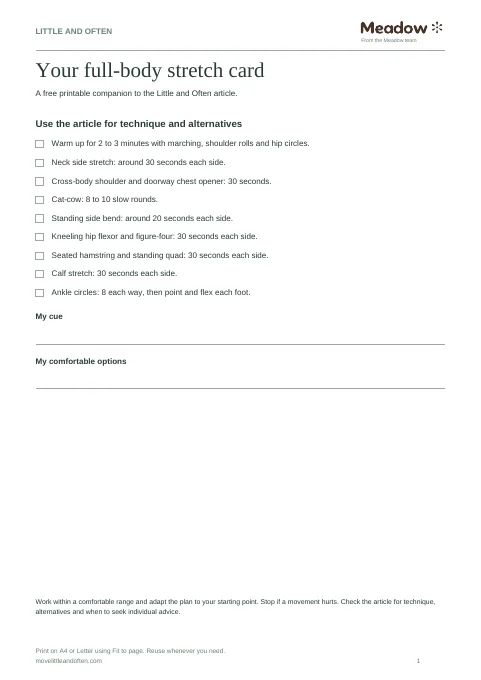 First page of Full-body stretching card