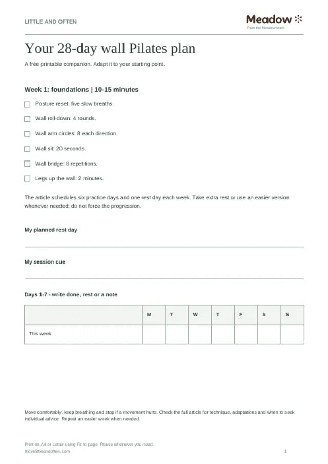 First page of 28-day wall Pilates plan