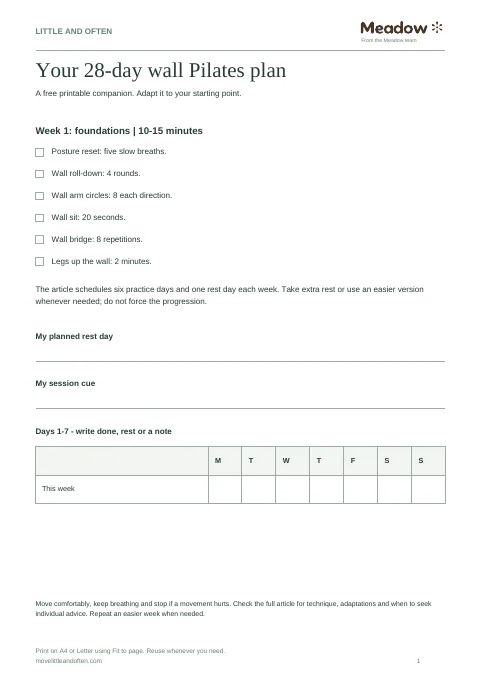 First page of 28-day wall Pilates plan