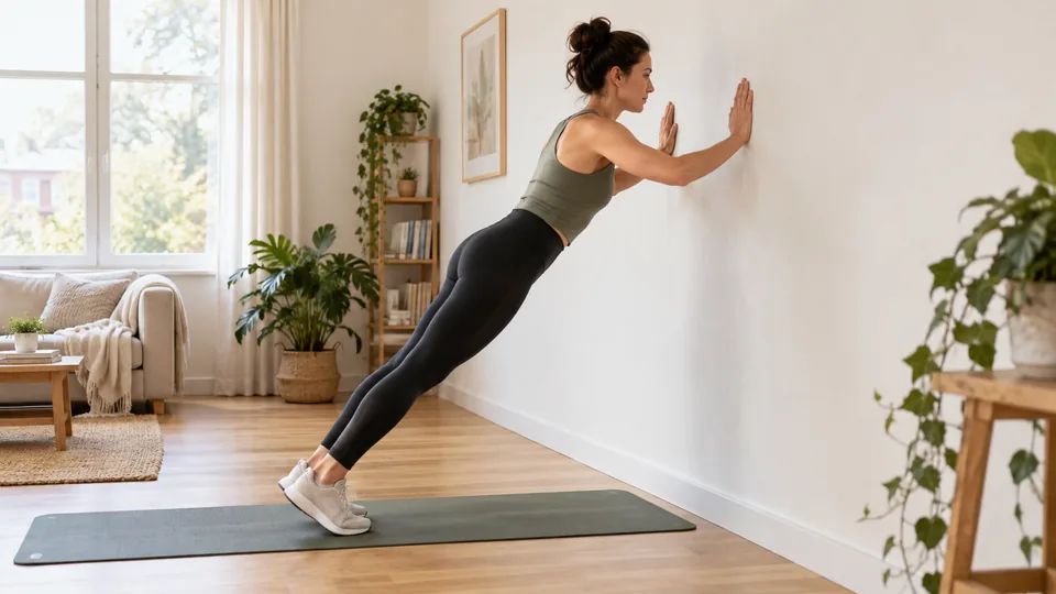 A woman bending her elbows in a wall push-up while keeping her body straight.