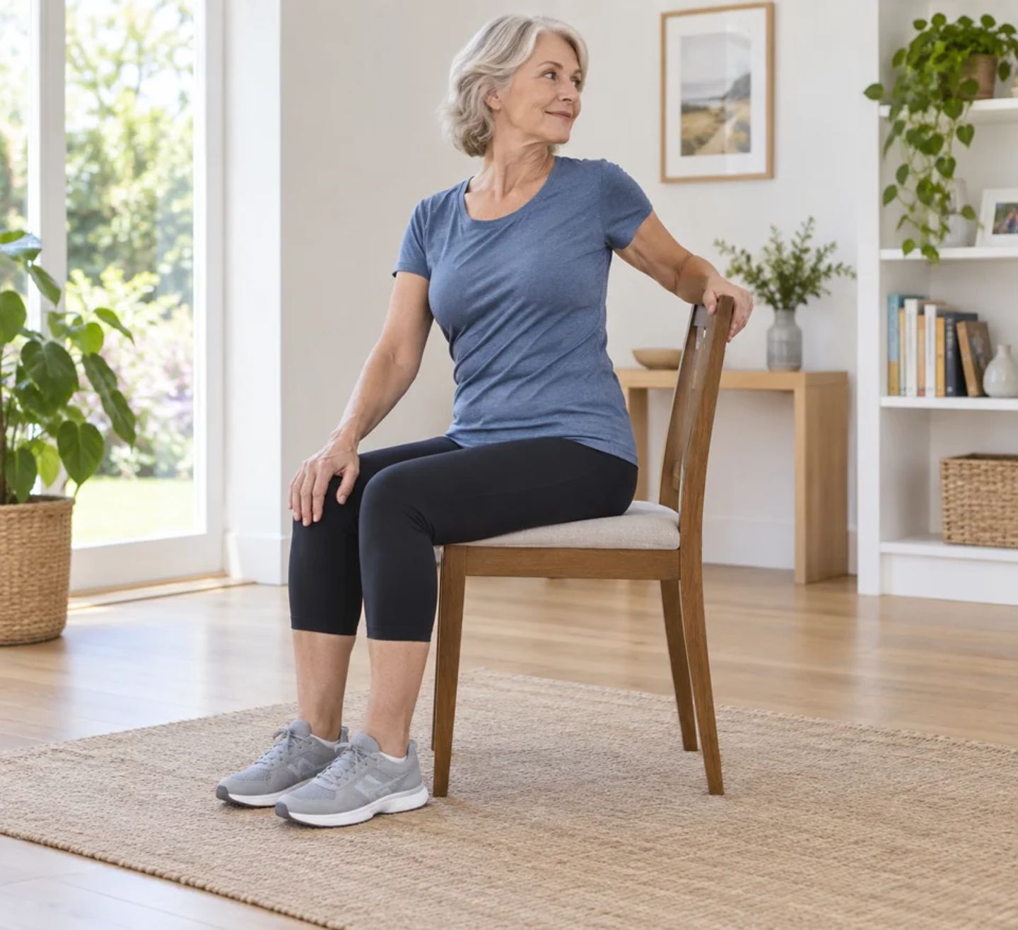 A woman turning gently in her chair with one hand on the opposite knee and the other on the chair back.