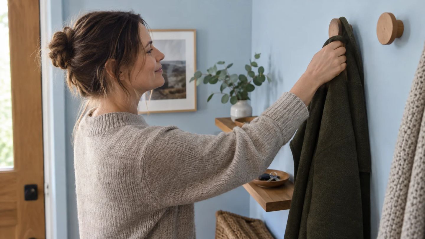 A woman hangs her coat on a familiar hook as she arrives home.
