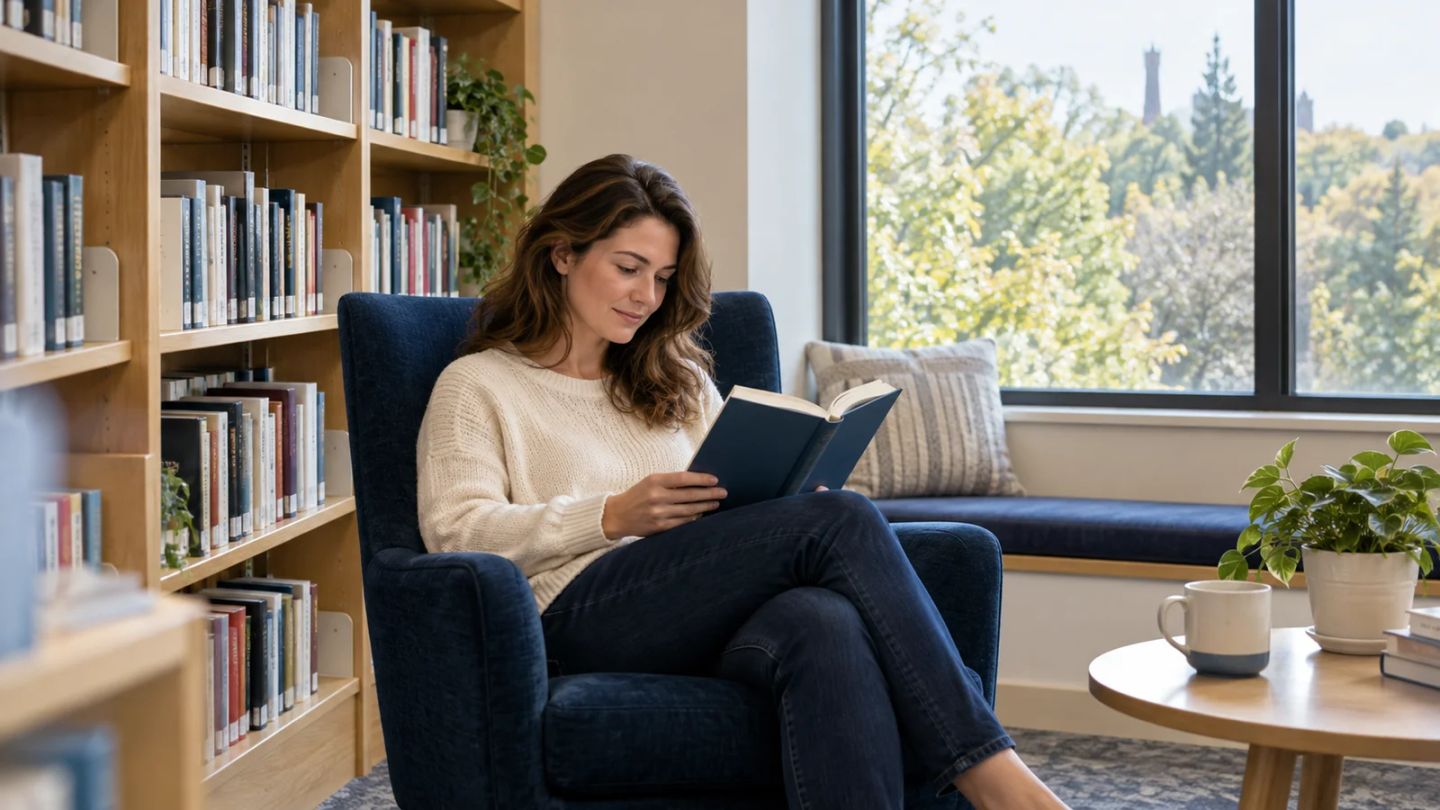 A woman quietly reads in a bright library alcove.
