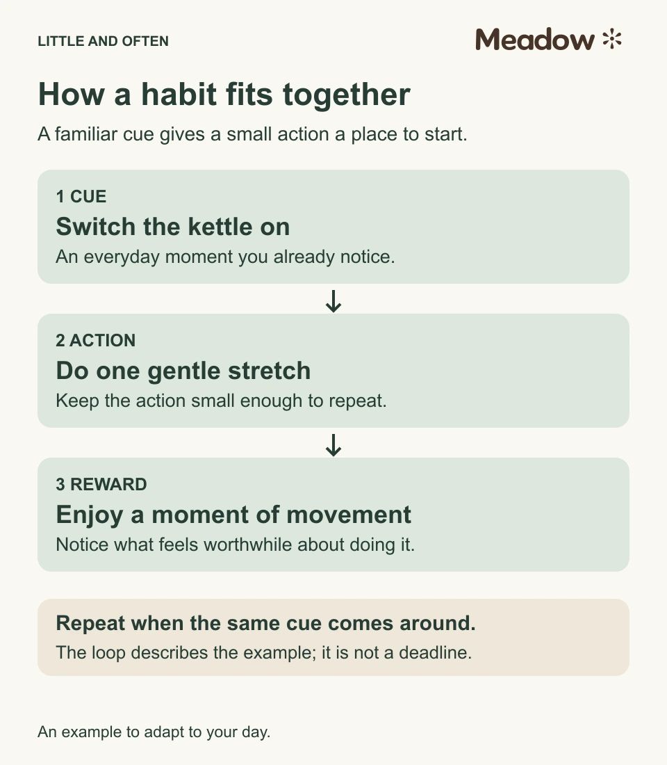 Cue: switch the kettle on. Action: one gentle stretch. Reward: enjoy a moment of movement. Repeat at the same cue.