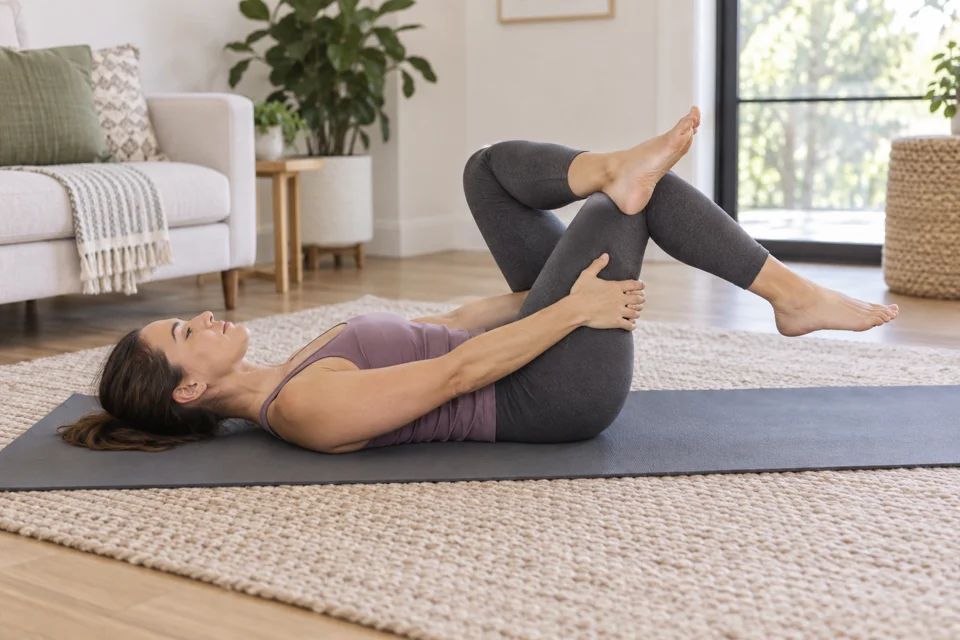 A woman lying on her back, one ankle across the opposite thigh, drawing the supporting thigh towards her chest.