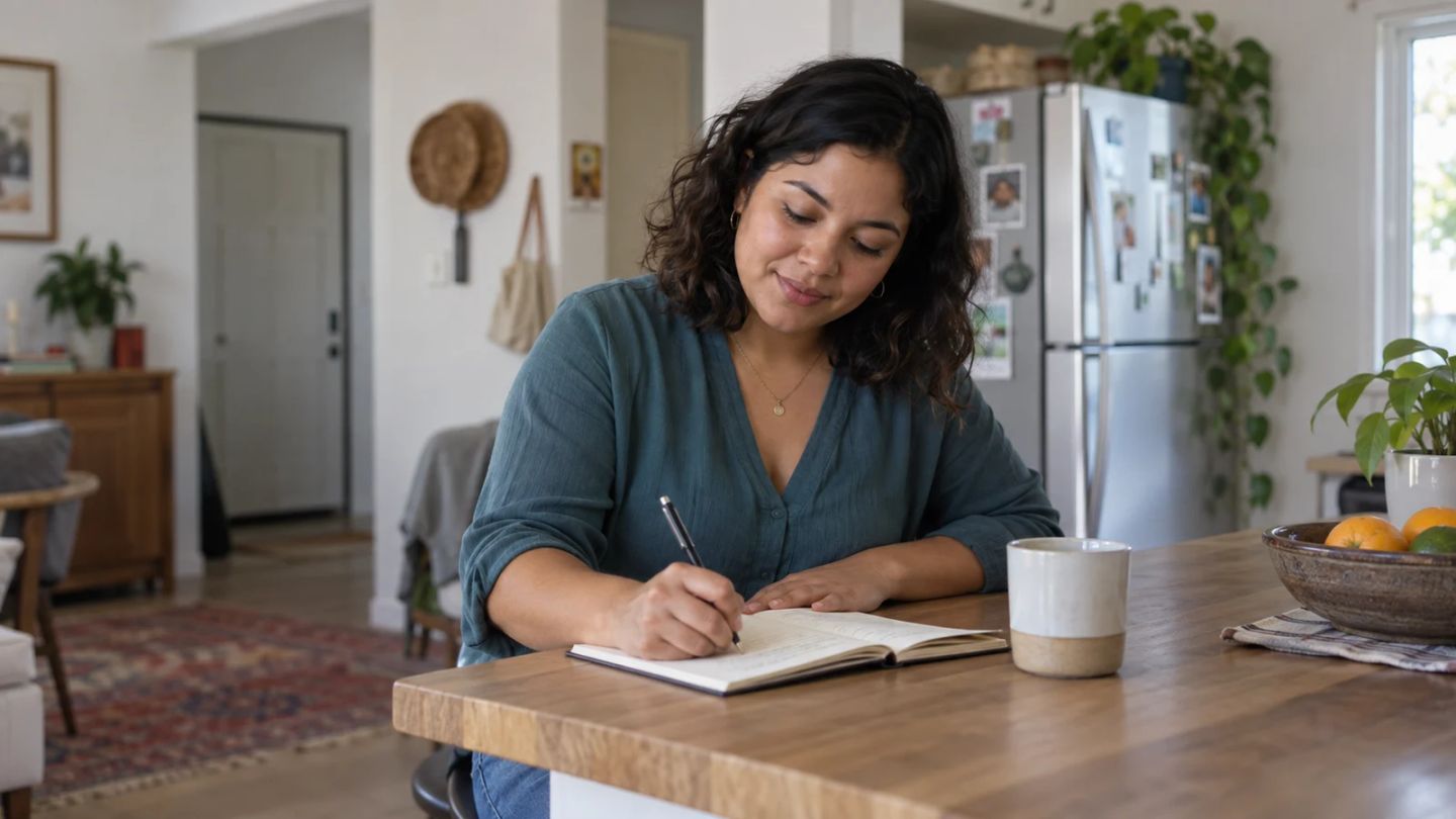 A woman writes a short note in a notebook at a kitchen counter.