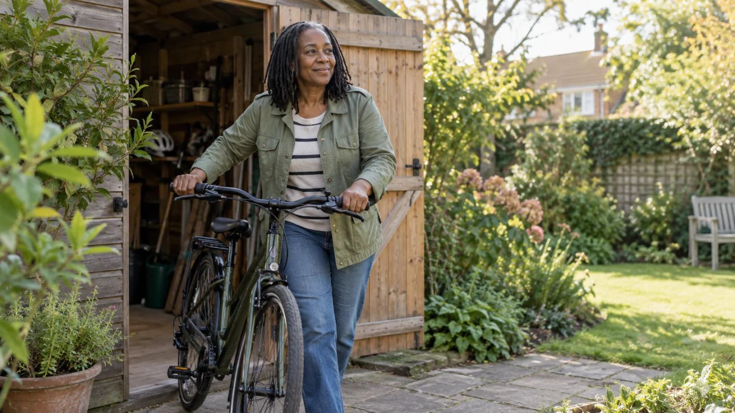 A woman brings a bicycle out of a garden shed.