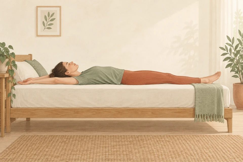Lying on the bed, lengthen gently from fingertips to toes.