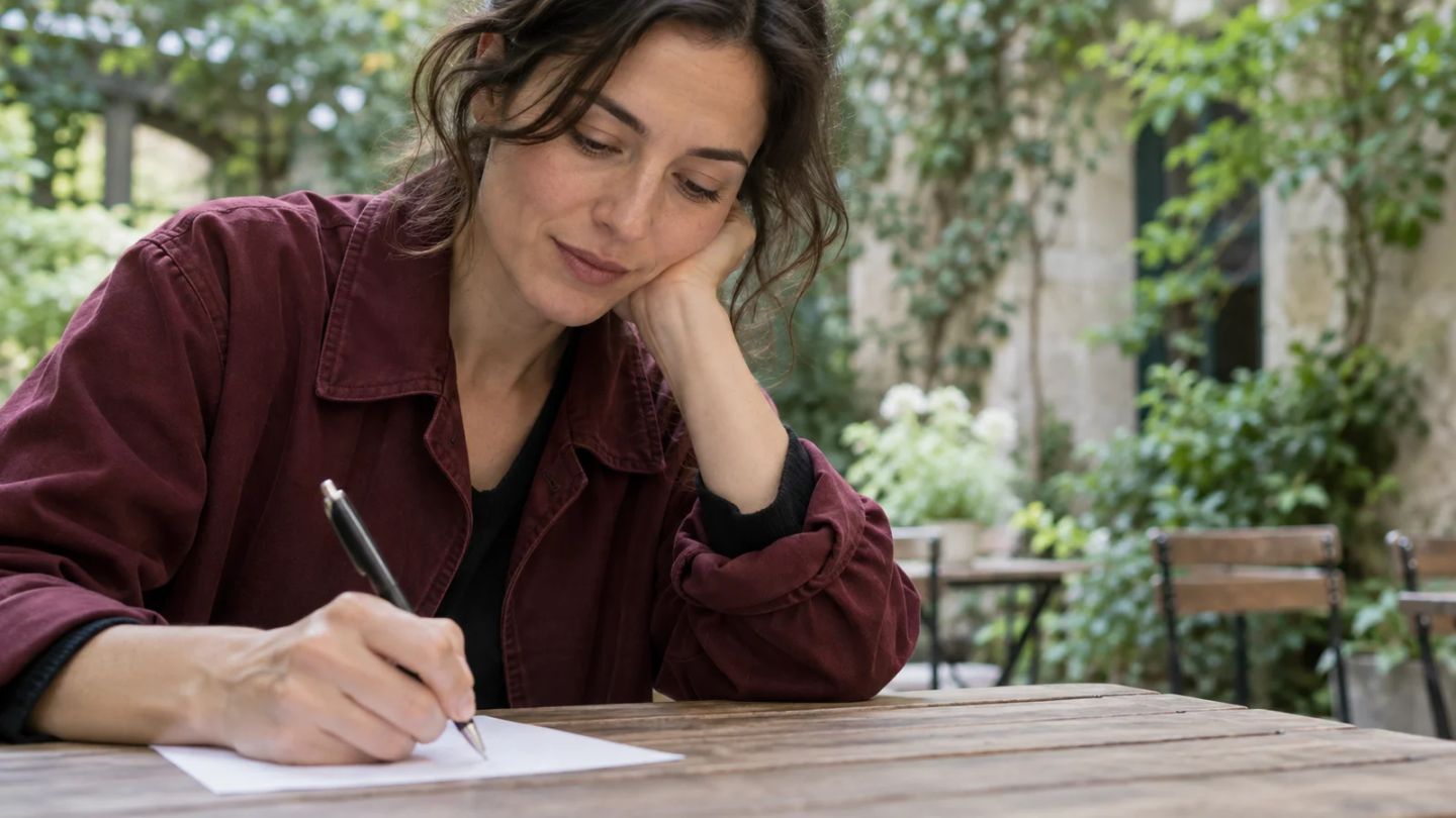 A woman writes a personal goal on a sheet of paper in a quiet courtyard.