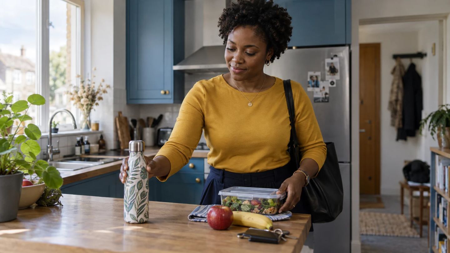 A woman places a reusable water bottle beside her packed lunch in a kitchen.