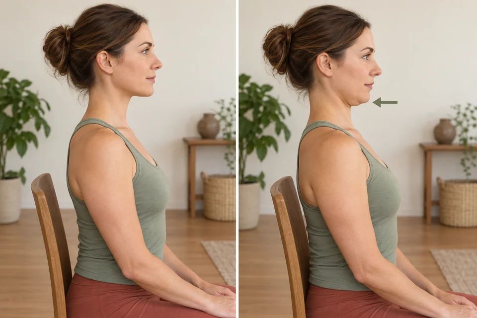 Slide the chin gently backwards while keeping the eyes level.