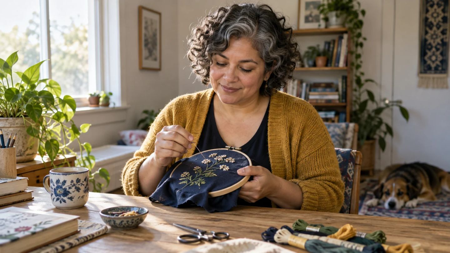 A woman returns to an unfinished embroidery hoop at a table.