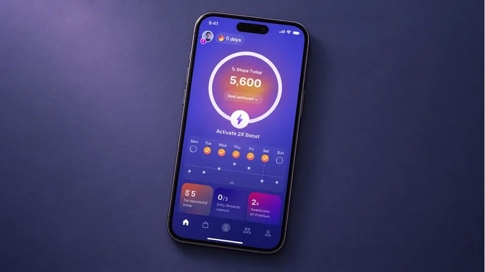 Sweatcoin Walking Step Counter app screen displayed on a phone.