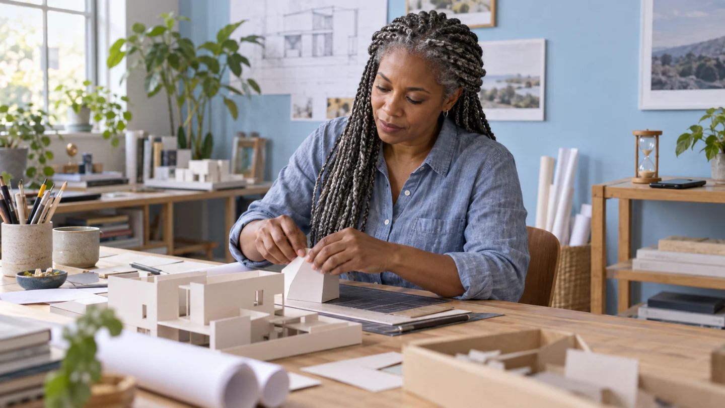 A woman concentrates on a paper model at a desk with her phone set aside.
