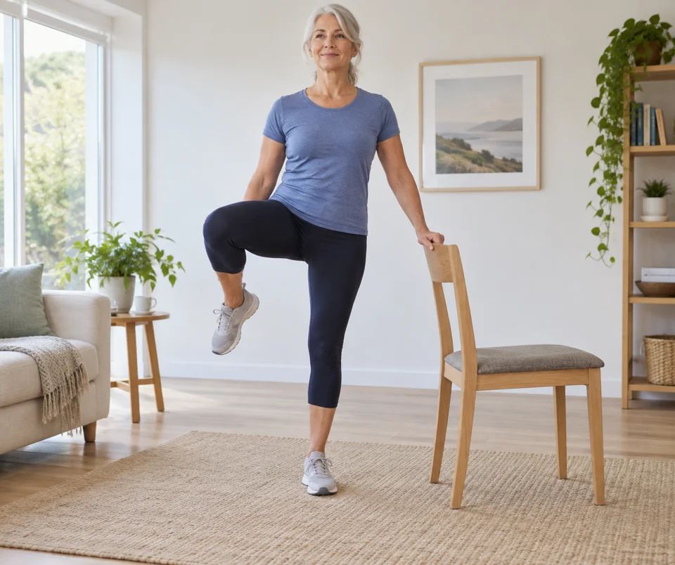 A woman lifting one bent knee outwards while holding a chair for a hip circle.